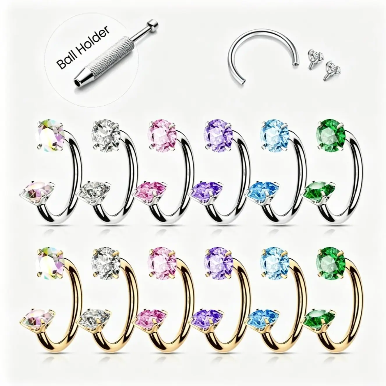 6-Piece Titanium Horseshoe Hoops, 18G Internally Threaded Gemmed Cartilage Earrings for Nose Piercing, Daith, Helix, Daily Wear Set with Ball Holder, Threaded Gems, Jewelry For Women, Beginner Friendly, Everyday, Unisex, 1.0Mm, 8Mm Inner Diameter, Guiding