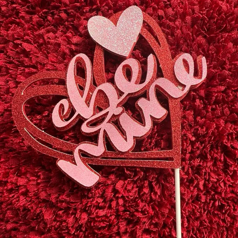 Valentines Day Cake Topper Be Mine with Heart-Shaped Design and Gold Accents