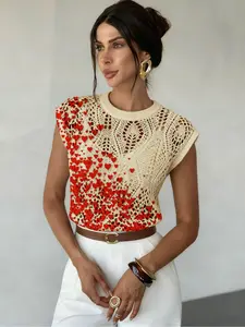 Heart Colorblock Print Round Neck Sweater, Colorblock Pullover, Casual Sleeveless Knitwear for Spring Summer Fall, Comfortable Warm Women's Clothing