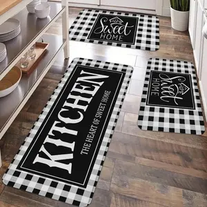 2/3pcs kitchen anti slip, classic black and white checkered printed anti fatigue, soft flannel floor mat set, Kitchen Rugs Sets, Decorative Rug Mat, suitable for kitchen, dining, laundry, bathroom, living rooms, decoration floor mat