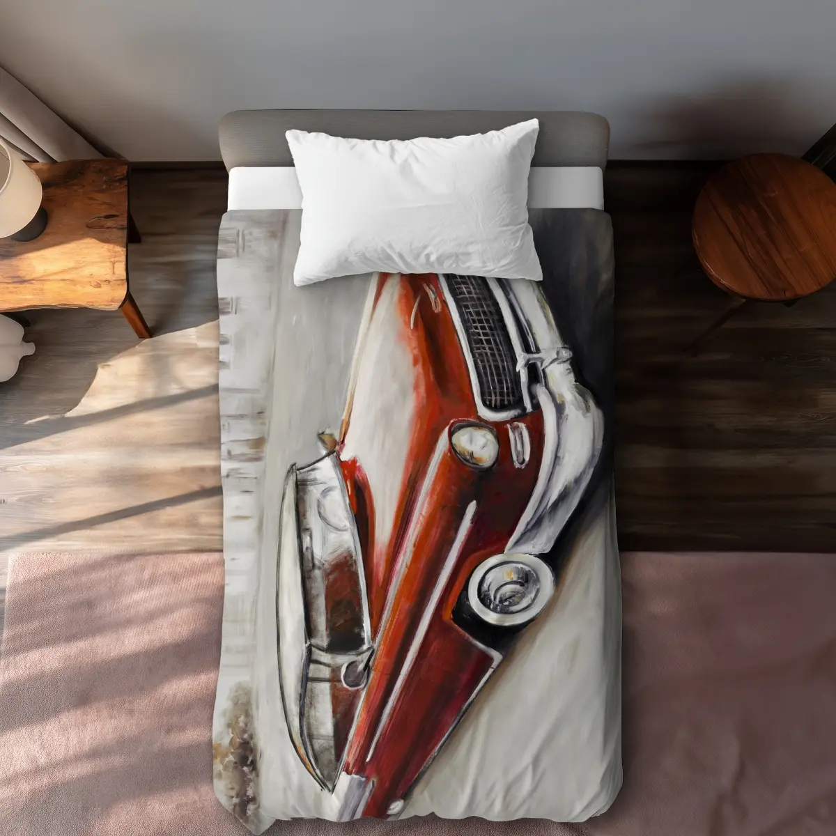 Begin Home Decor C1DCTSW0HTE1DD Vintage Classic Car Beige Decorative Twin Size Duvet Cover - Textile Bedding Linen, Decorative Duvet Cover