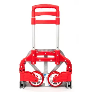 Portable Aluminium Cart Red Folding Dolly Push Truck Hand Collapsible Trolley Lightweight 75kg Load Durable Material Compact Design