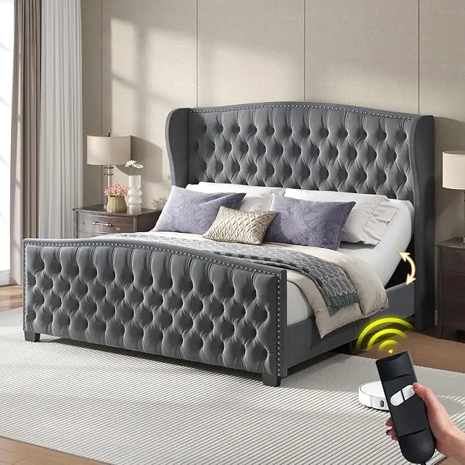 [Ships in 2 Boxes][Summerwins] [SummerFinds] AMERLIFE Adjustable Bed Frame, 50.8"H Velvet Upholstered Bed with Wingback Headboard and Deep Button Tufting, Platform Bed Frame with Dual Motor, Remote Control, No Box Spring Needed/Best Gift Ideas
