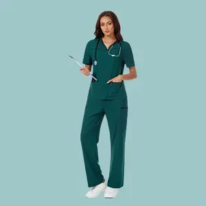 A set of women's polyester medical scrubs, a fitted nurse uniform, suitable for use in beauty salons, spas, veterinary clinics, dental clinics, and other workplaces – high-quality professional apparel, nurse work accessories, Cimmuovere joccini green bril