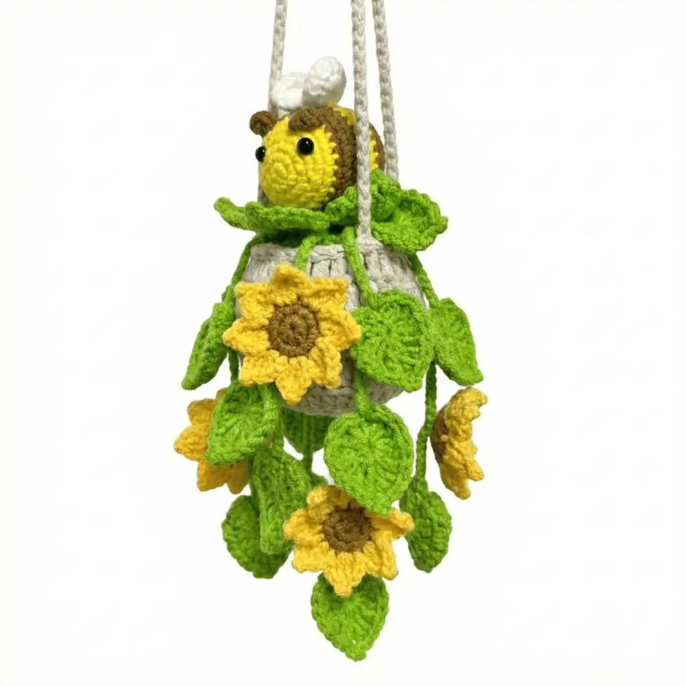 Hanging Charm with Crochet Sunflower & Bee, Cottagecore Yarn Potted Plant Ornament, Lightweight 6.7" Car Mirror Accessory with Twilly, Gift for Mom, Ideal Gift For Moms, 100% Handmade, Bee-Utiful Gift