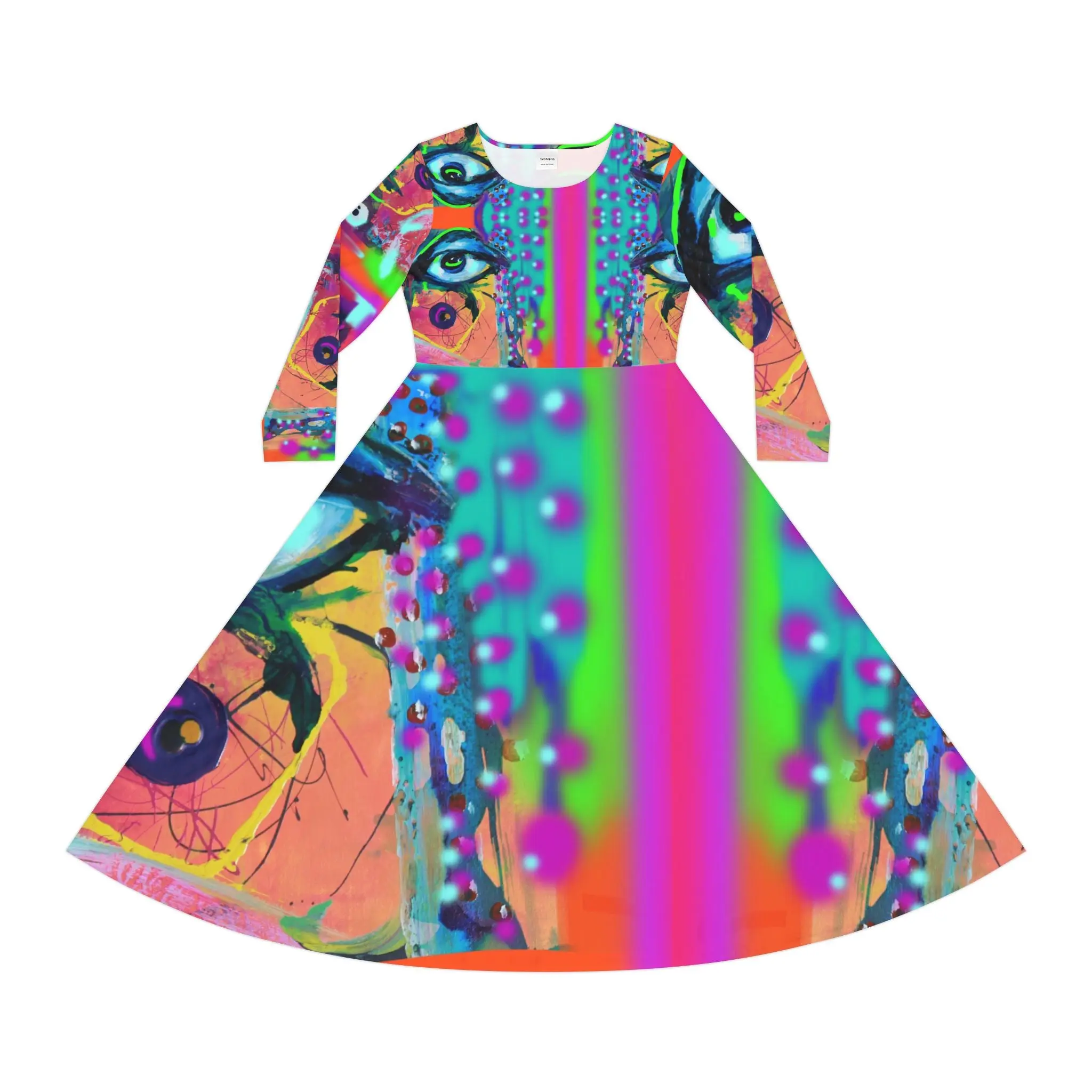 Women's Geometric Print Dance Dress, Long Sleeve Bodycon with High Neck, Handmade Streetwear in Soft Milk Silk Blend, Cold Wash, Female, High-Cut Neck, Abstract, Breathable, Street Dance