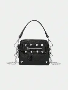 Personality punk fashion simple casual mini bag, small and portable suitable for storing   in headphones, rivet  zipper design practical and classic versatile, suitable for daily commuting, shopping and so on.