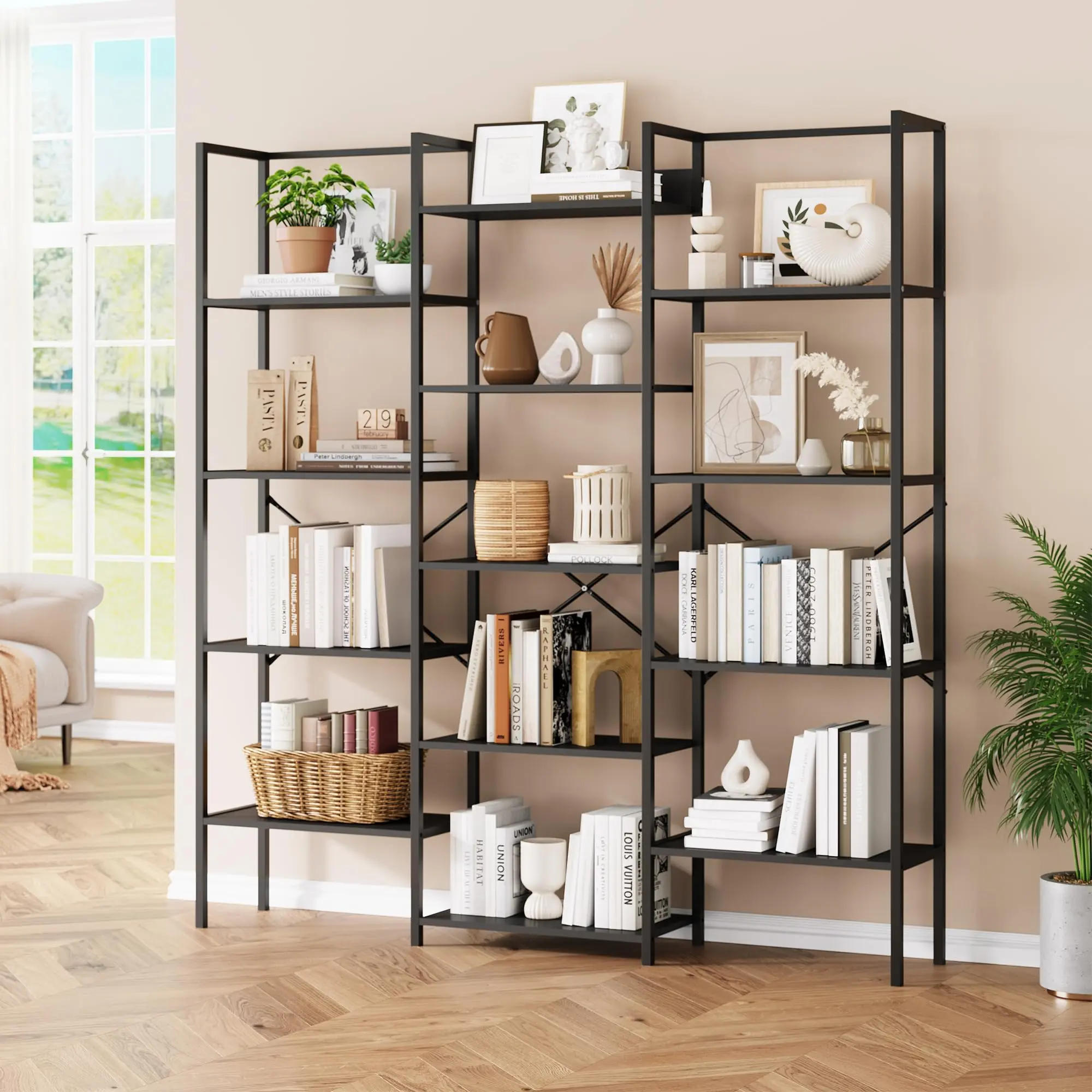 Garvee Industrial Large Bookcase, Triple 5 Tier Book Shelf with Open Display Shelves, Large Wide Bookshelf, Tall Bookshelfwith Metal Frame for Living Room, Office, Black