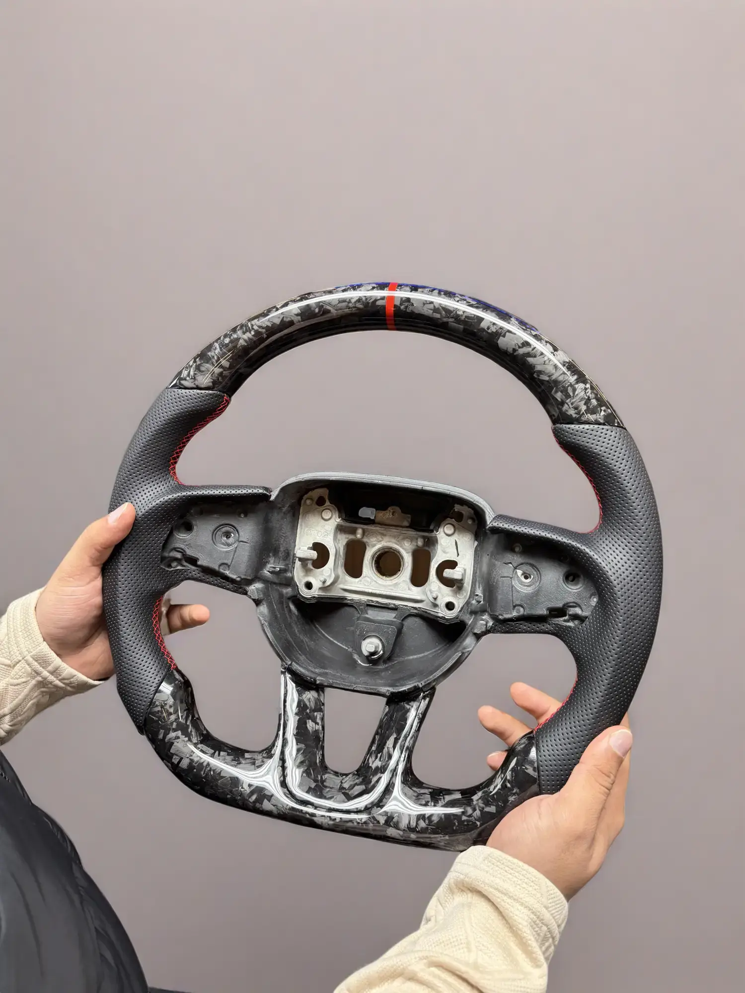 Forged Carbon Fiber Steering Wheel with Red Stitching, Red Stripe for Dodge Charger, Challenger, Durango 2015+ All Models, Jeep Trackhawk, Chrysler 300 – Custom Yoke-Style, Aggressive Performance Look, Better Handling Upgrade