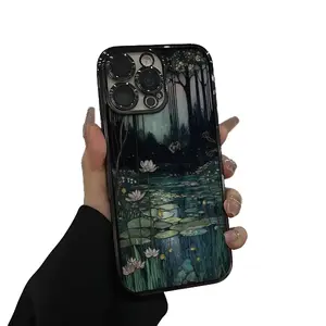 Lotus&Moon Pattern Camera Lens Protective Case for iPhone 16 15 Pro Max 14 13 12 11 XR XS Plus Shockproof Drop-proof Silicone Clear Acrylic Phone Casing Mobile Accessories Crystal Lights Smartphone Cellphone