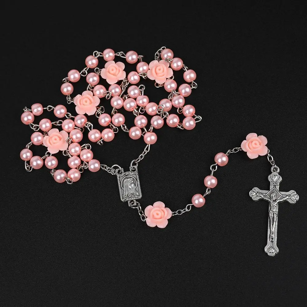 Catholic Rosary Necklace For Women Crucifix Cross Pendant 6MM Pearl Beads Chain Men Religious Prayer Party Jewelry Gifts