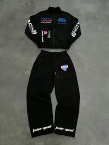 Men's Racing Style Tracksuit Set, Zip-Up Jacket + Wide Leg Pants, Motorsport Streetwear For Casual Wear
