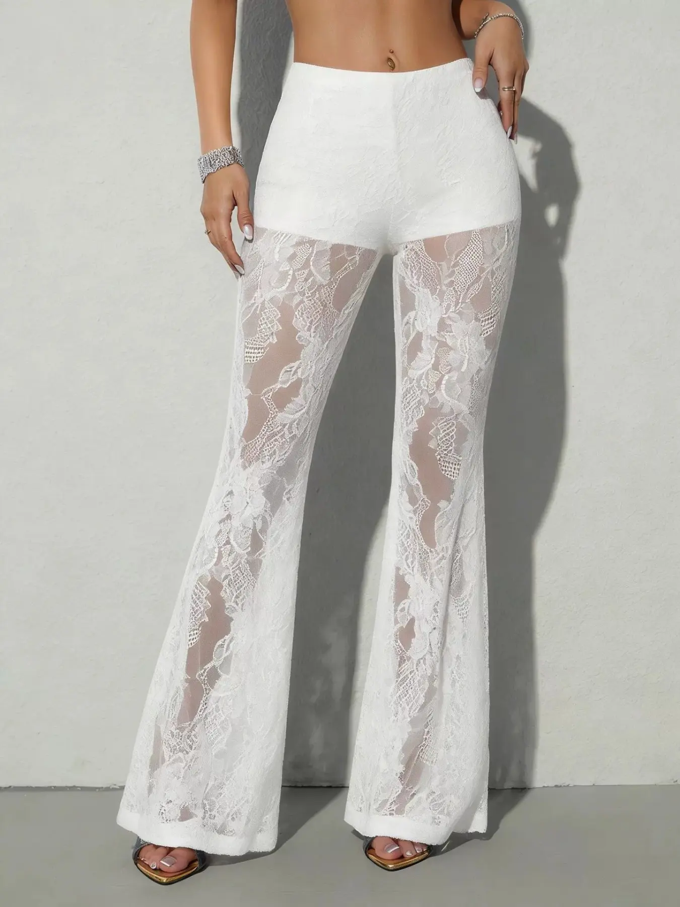 Women's High Waist Lace Sheer Flare Pants, Elastic Stretch Long Trousers, Elegant Fitted Casual Bottoms, Perfect for Daily & Streetwear   #tiktokshopmademebuyit #summer #dealdrops #tiktokshopbacktoschool