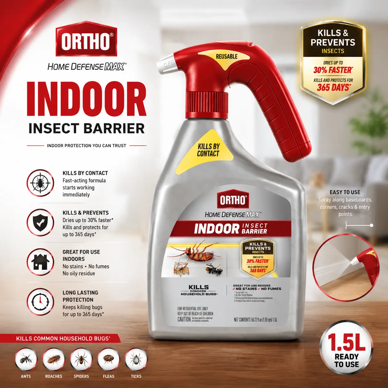 Home Defense Max Indoor Insect Barrier Battery-Powered Sprayer - Ready-To-Use Indoor Bug Spray, Kills Ants, Roaches, Spiders, Fleas and Ticks, 1.5 L