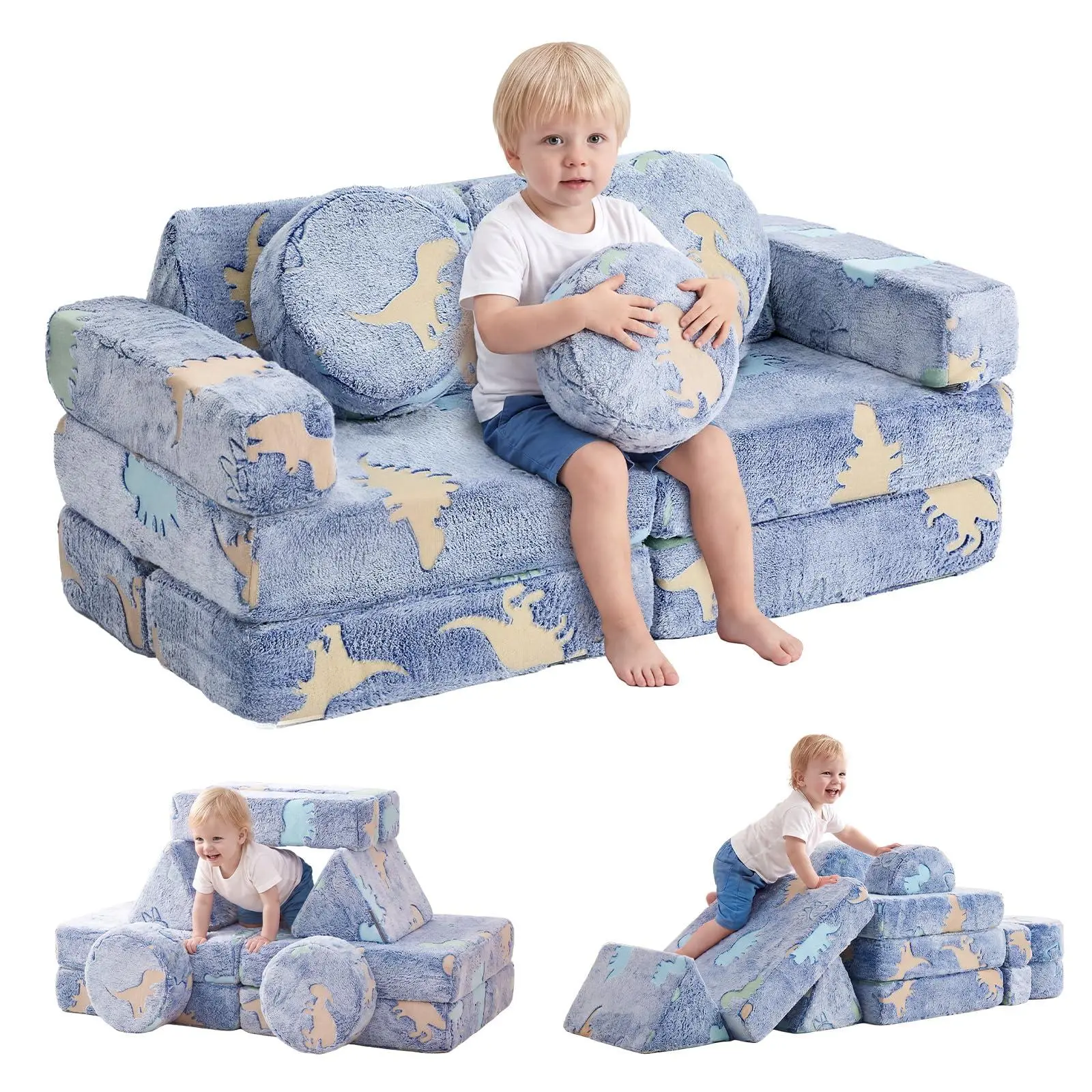 Modular Toddler Kids Play Couch, Glow‑in‑Dark Convertible Foam Play Sofa, Removable Machine‑Washable Covers for Fort‑Building Indoor Playroom Bedroom Imaginative Play