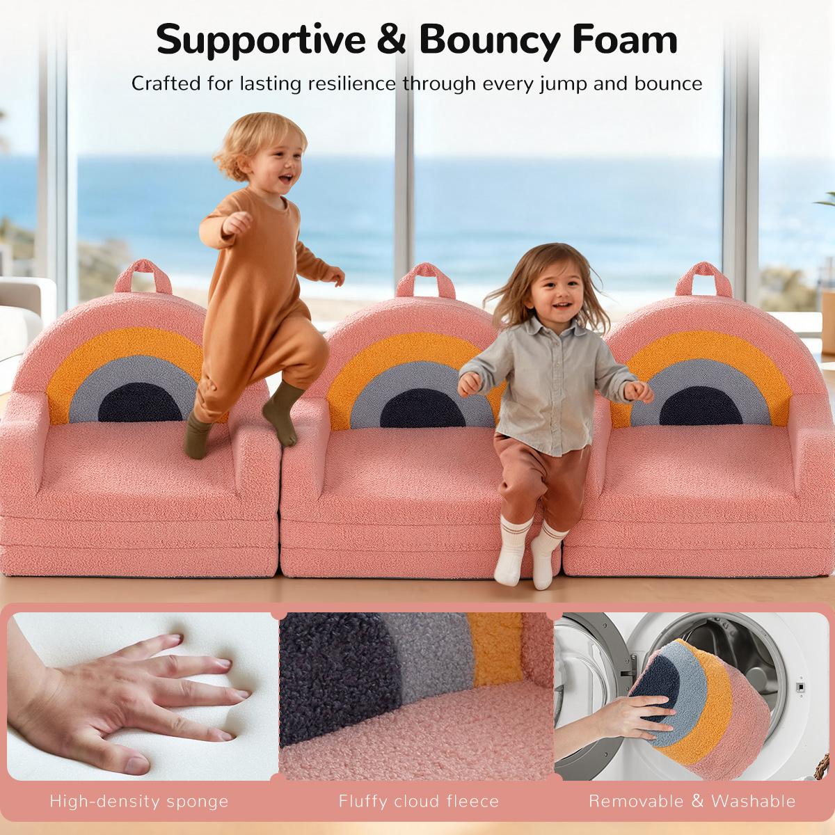 COMOMY Toddler Couch, 2 in 1 Kids Couch, Foldable Baby Soft Couch Chair for Boys and Girls Gift, Convertible Sofa to Lounger- Ideal for Napping, Reading, and Playing, Rainbow, Pink