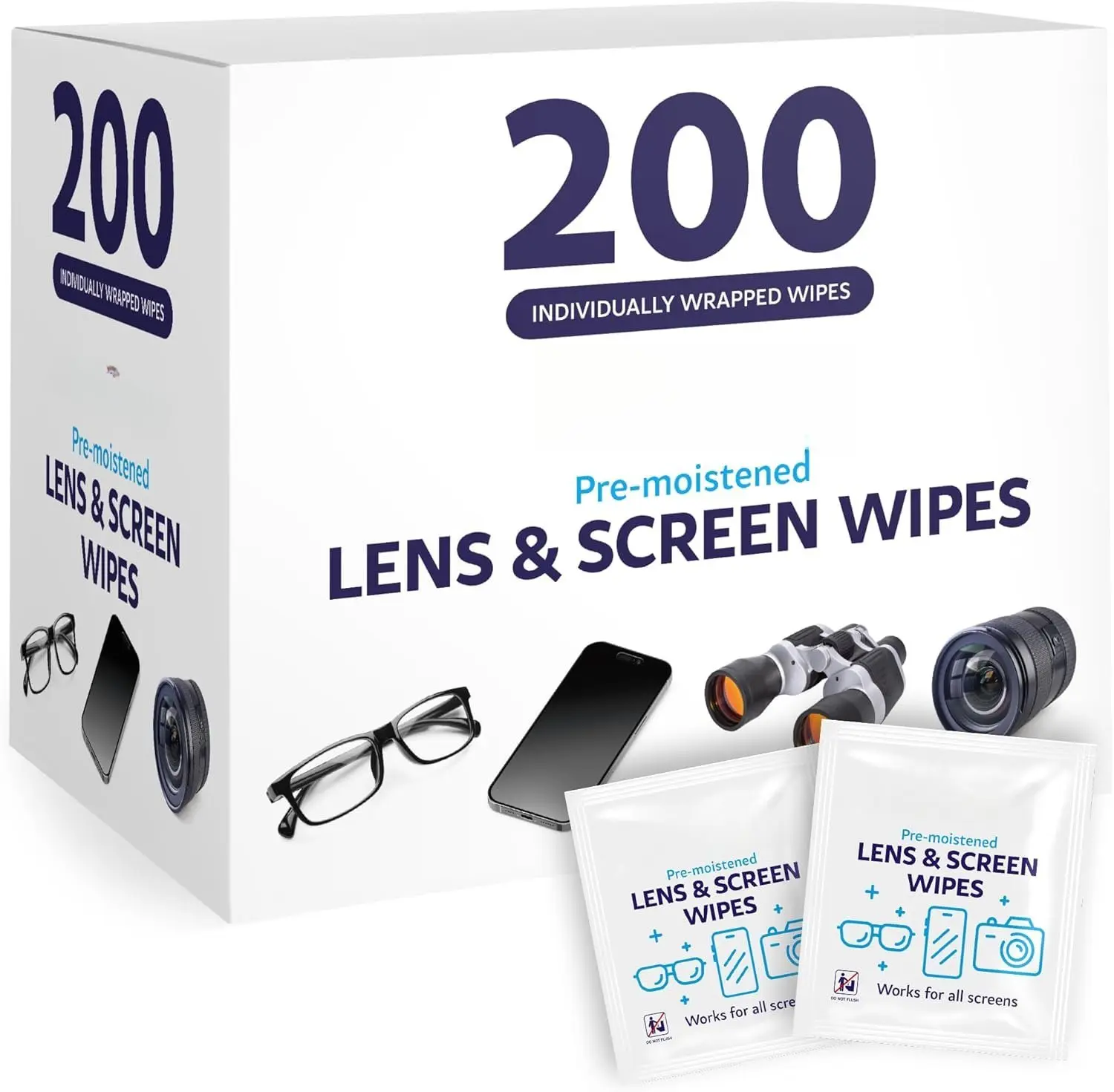Lens Wipes for Eyeglasses  200 Lens Wipes Individually Wrapped, Pre-moistened Eyeglass ing Wipes, for Glasses er, Sunglasses, Camera Lenses, Laptop Screens, Phones, Happy Eye Glasses