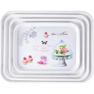 4-Pack Melamine Serving Tray Set - Rectangle Stackable  Breakfast Fruit Platter with Floral Print for  Party Decor  Restaurant (Cake)