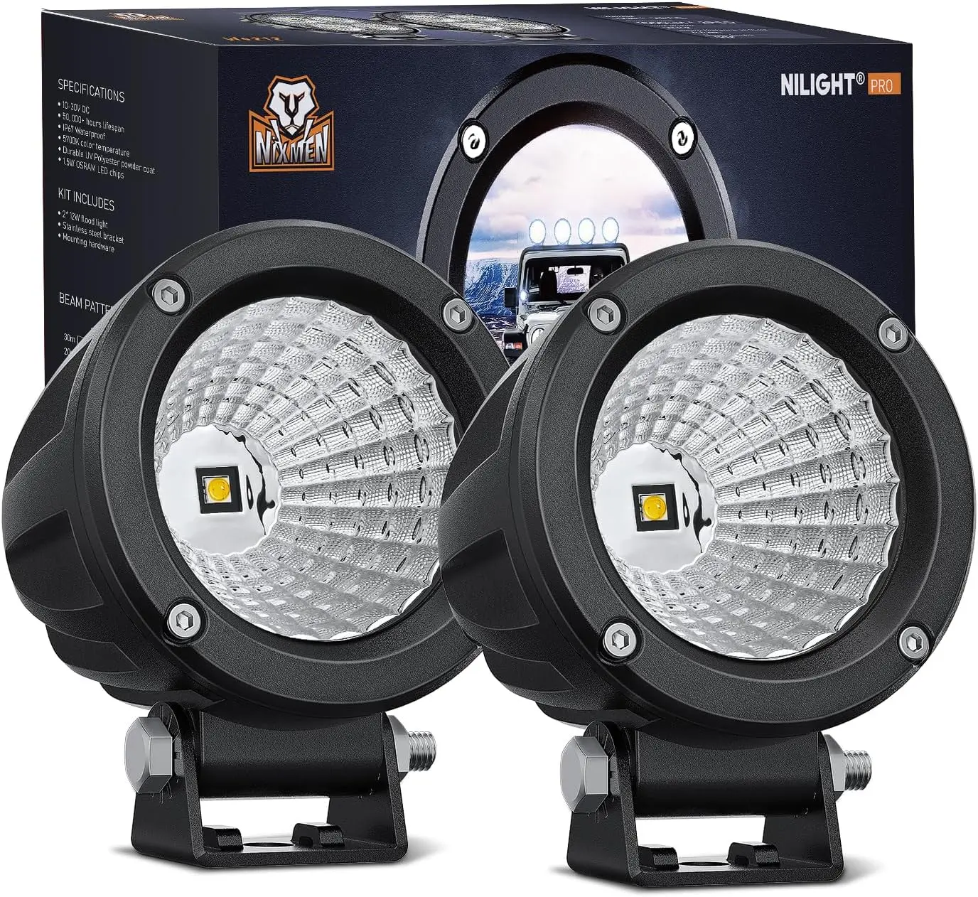 Nilight 2 Flood Lights, 3-Inch Round Pods with Bracket Mount, 1080LM Waterproof High-Brightness Offroad Auxiliary LED Lights, Built-in EMC, Long Lifespan for SUV, ATV, Boat, Lighting, Dirt Bike