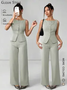 Women's Casual Chic Fashion Two-Piece Set, Sleeveless Top & Long Pants, Slim Fit, Spring & Fall Wear, High-Quality Office Attire, Womenswear