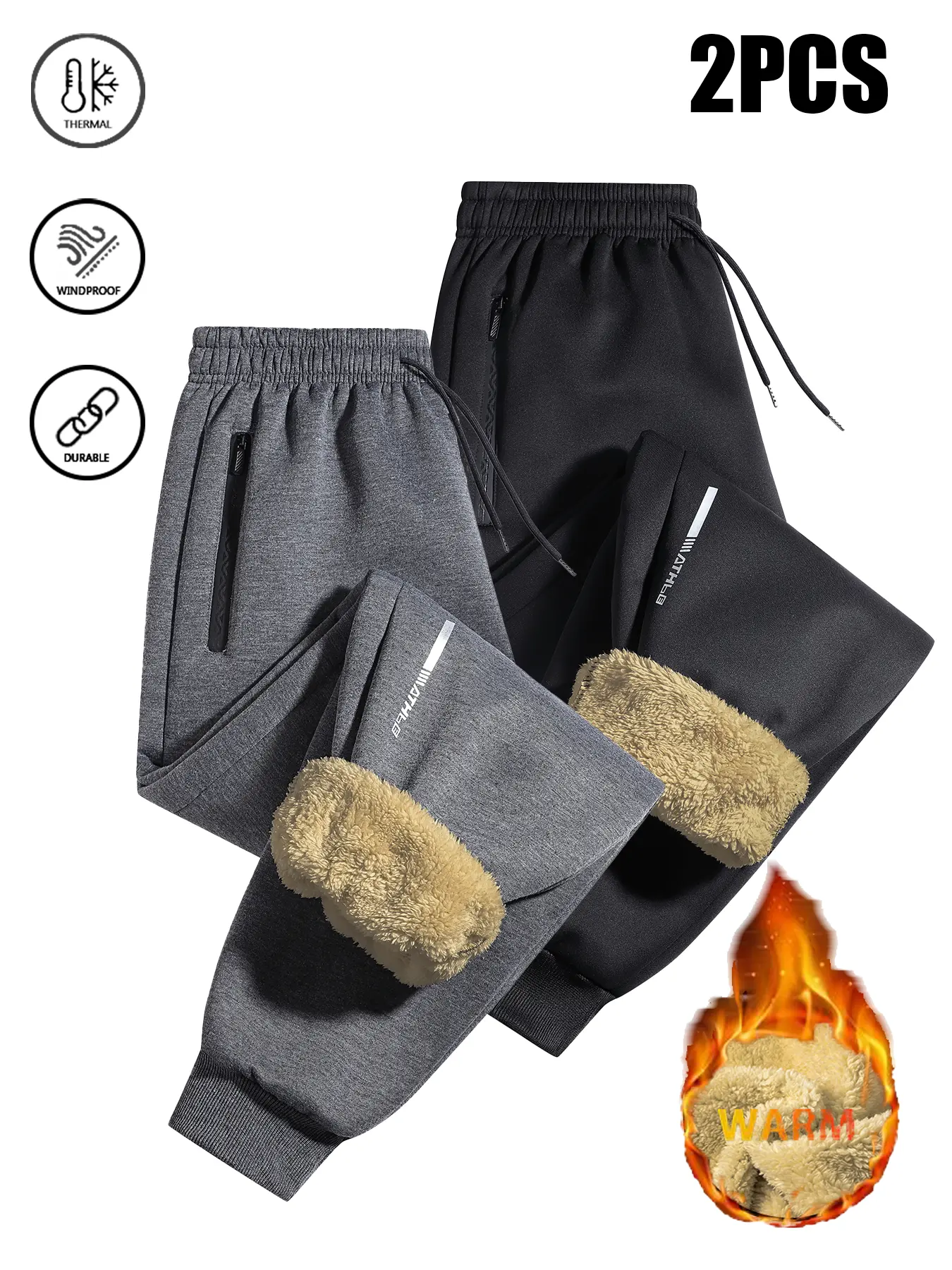 Men's Fleece-Lined Sweatpants, 2-Pack Warm Plain Athletic Activewear for Winter, Windproof and Cold-Resistant, Menswear, Sport