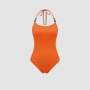 Cider [size 2-10] Halter Solid Backless Beaded Bodysuit SwimWeek