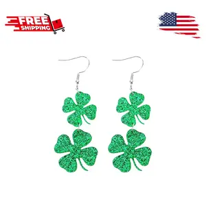 Good Luck Hoop Dangle Glitter Earrings Irish St. Patrick's Day Accessories (Style 3)