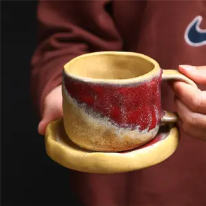 Handmade Kiln-Changed Ceramic Coffee Cup & Saucer Set, 270ml Rustic Red & Yellow Glazed Stoneware Mug, Irregular Texture Pottery Tea Cup, "Each piece is one-of-a-kind with natural kiln variations and a warm, earthy feel."