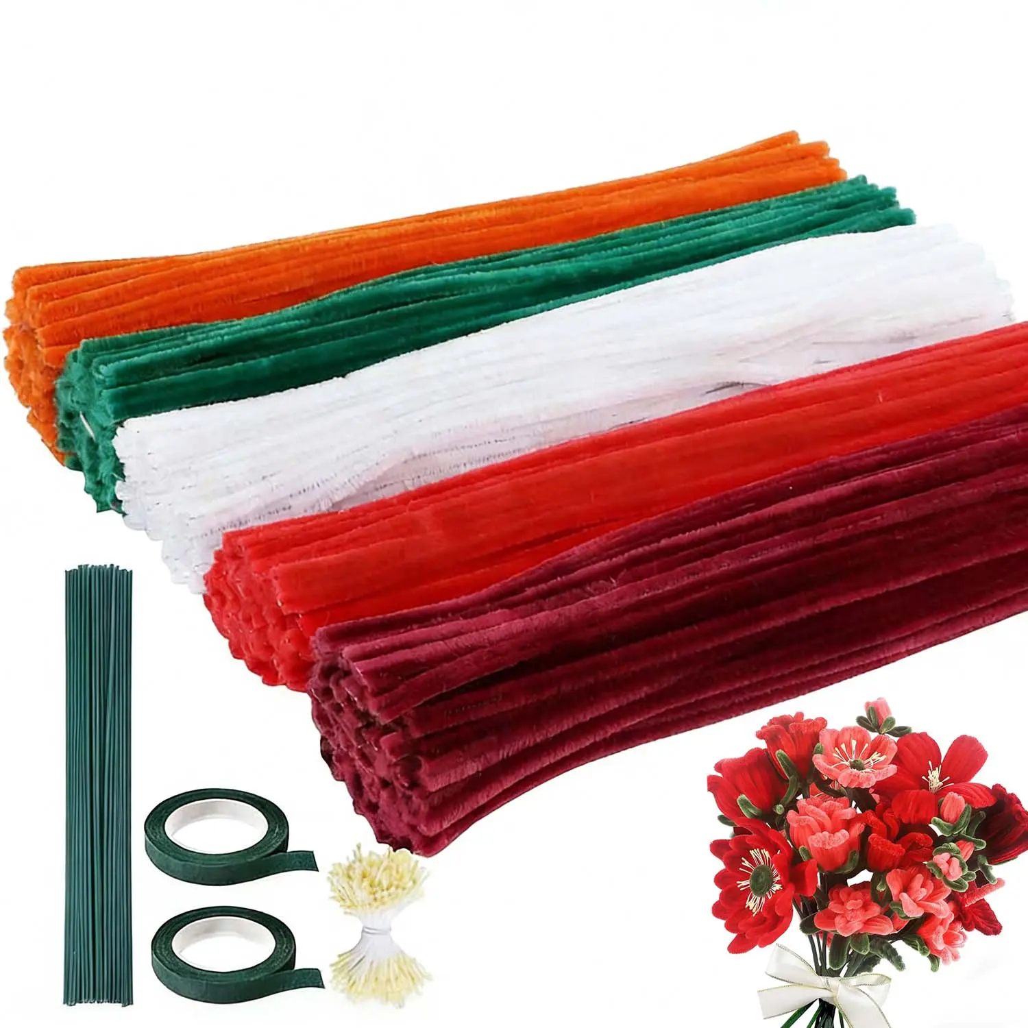 500-Pcs Customized Craft Flower Pipe Cleaners Variety Pack for Craft Enthusiasts - Red, 4 Pastel Chenille Stems, Floral Wire, Stamen, Tape for Handmade Bouquet Wrapping, Party Decorations, All Seasons Use