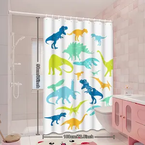 Cartoon Dinosaur Waterproof Bath Curtain Set, Polyester Fabric, Colorful Animal Design, for Boys & Girls Bathroom Decor