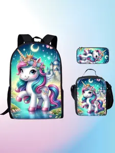 Cute Unicorn Backpack Set for Girls, Kids School Bag with Lunch Box and Pencil Case, Princess Style Bookbag for Elementary Students