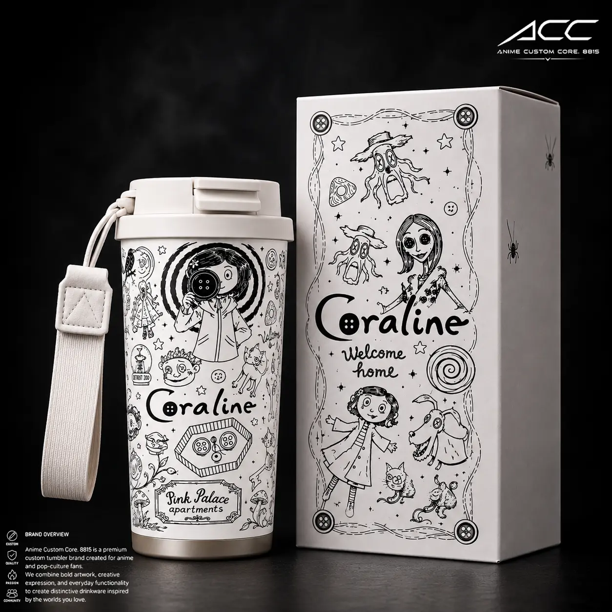 Coraline Tumbler, 17oz 24oz 30oz Stainless Steel Insulated Cup, Vacuum Thermal Mug, Gothic Horror Gift for Fans