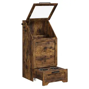 Fold Top Dog Feeding Station with Storage Cabinet – 2 Elevated Dog Bowls, Pet Food & Plaything Organizer, 3 Hooks – Wooden Feeder Furniture for Dogs & Cats, Brown