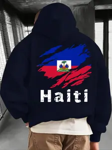 1PCS casual hoodie with kangaroo pocket, suitable for daily wear and outdoor sports, perfect for autumn and winter. It's a trendy fleece-lined hoodie with Haiti national flag prints on the front and back.
