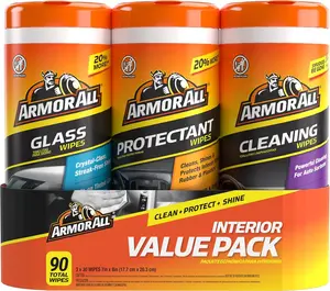 ARMOR ALL Protectant, Glass & Cleaning Wipes - Car Windshield Cleaner, Vehicle Interior & Exterior Detailing Accessories - 30 Count Each (Pack of 3)