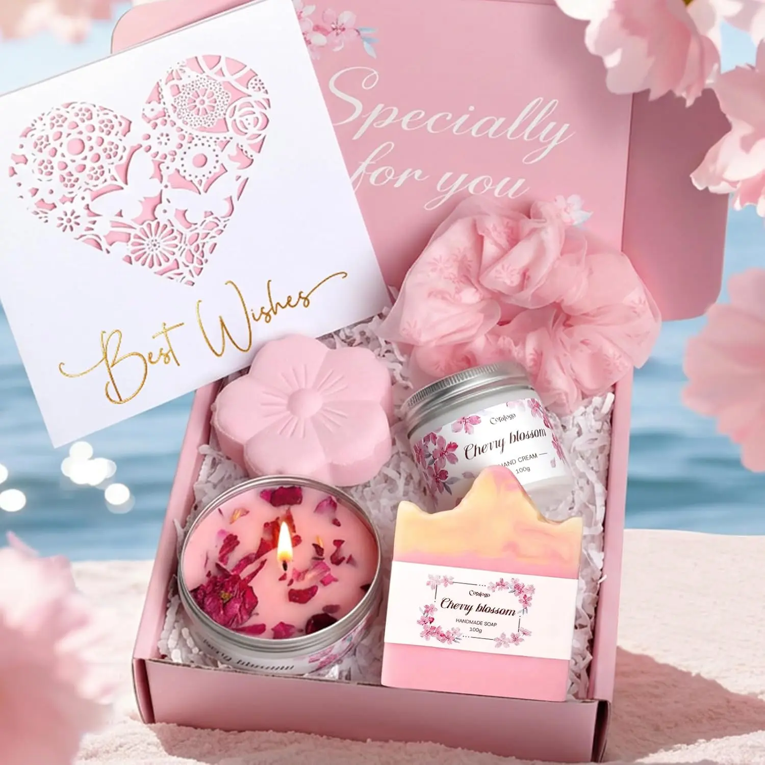 Coralogo Aroma Cherry Blossom Scented Spa Gift Set for Women - Moisturizing Luxurious Body Care Kit with Soap, Cream, Bath Bomb, Hair Scrunchie, Calming Self-Care Items, Greeting Card for Birthday, Mother's Day