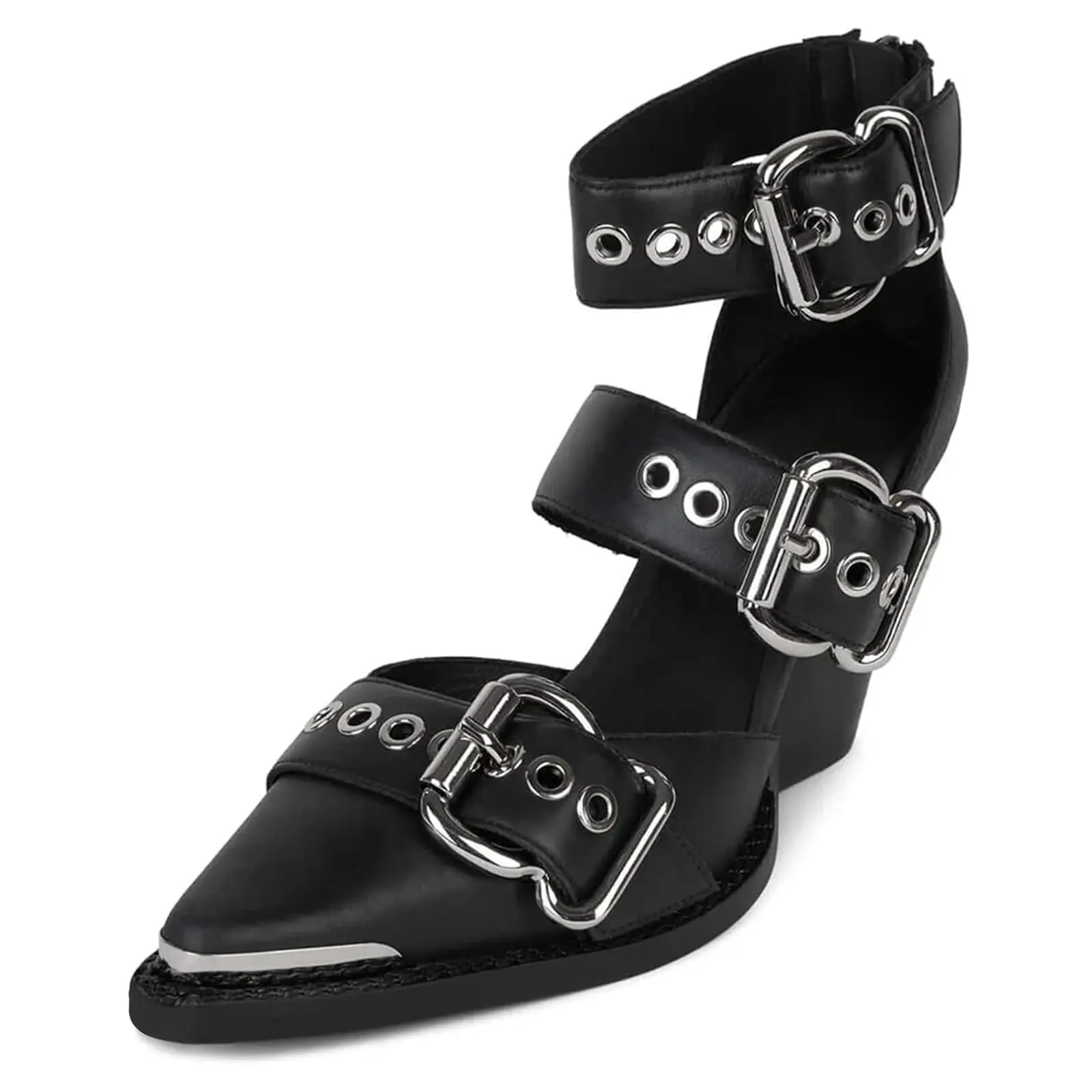Women's Buckle Wedge Sandals - Soft PU Leather, 3.25 in Block Heel, Adjustable Ankle Straps, Thick Closed Toe, Breathable, for Spring Upgrade, Outdoor Wear, Business Occasions, Black, Buckle Wedges, Footwear, Pointed Toe, Minimalist, Leopard