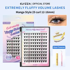 ELYZZA Fluffy Lash Clusters Thick Volume Lash Extension 12-16mm Cluster Eyelash Extensions D Curl Faux Mink DIY Individual Lashes Wispy At Home