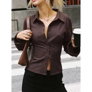 Women's All Over Striped Print Button Front Shirt Blouse, Casual Long Sleeve Top for Spring & Fall, Ladies Clothes for Daily Wear