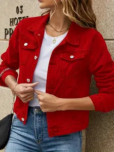 Women's Fitted Denim Jacket, Classic Casual Long Sleeve Button-Front Outerwear Top with Chest Pockets