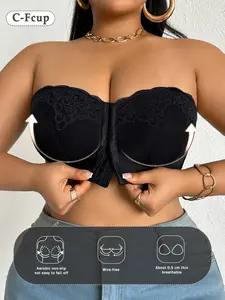 Plus Size Women's Lace Wireless Bralette Underwear, Elegant Push up Anti‑sagging Front Buckle Design, Detachable Straps, Breathable Comfortable, Everyday off-shoulder Dresses wear