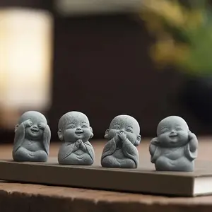 1Set(4pcs)Laughing Buddha Statue Decor, Small Zen Monk Sandstone Buddha Sculpture, Cute Zen Decoration Ornament for Home Office Desk, Religious