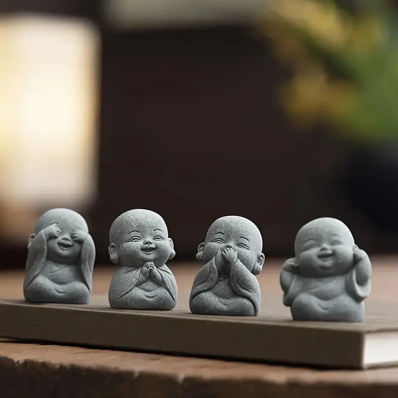 1Set(4pcs)Laughing Buddha Statue Decor, Small Zen Monk Sandstone Buddha Sculpture, Cute Zen Decoration Ornament for Home Office Desk, Stylish Religious Decorations, Religious