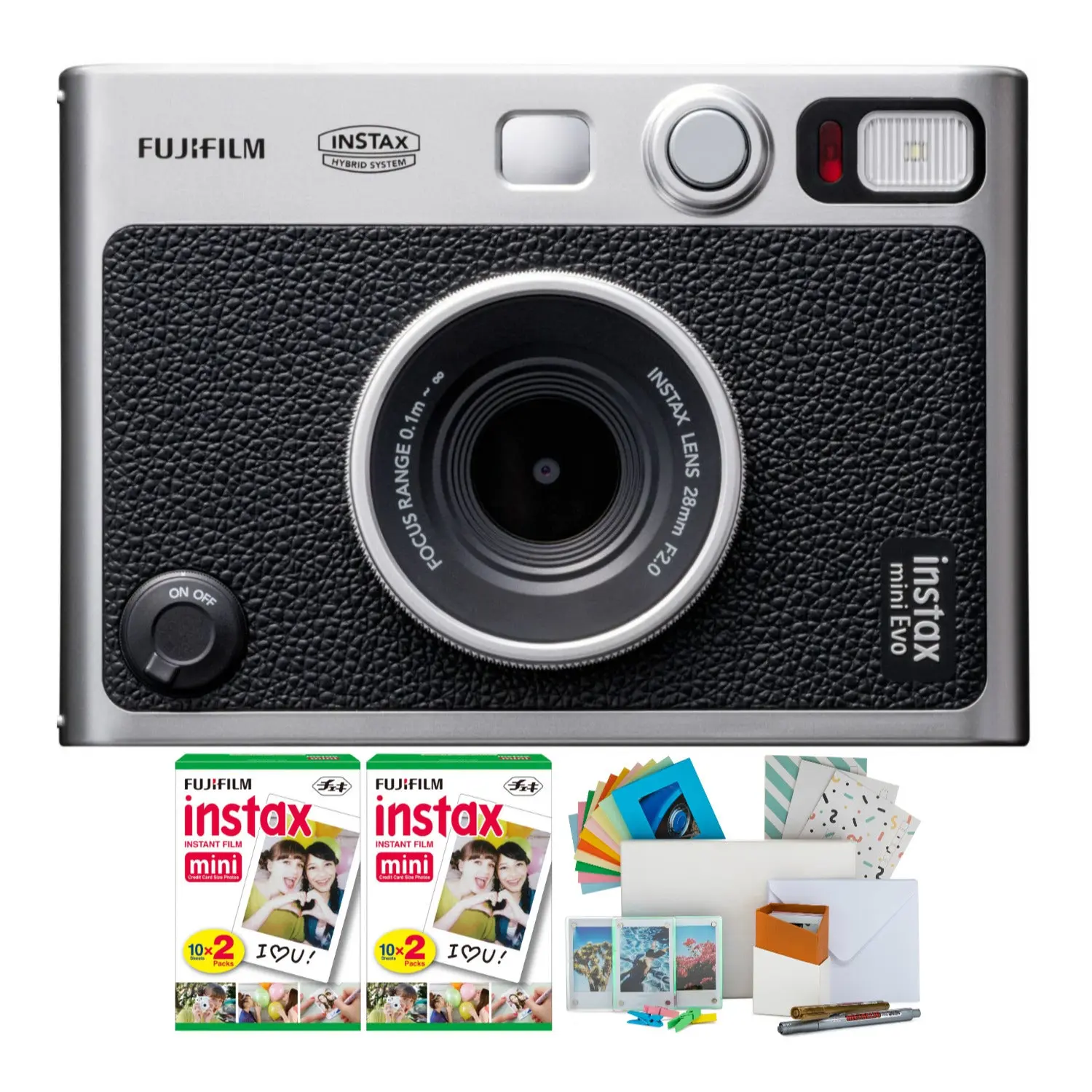 Fujifilm Instax Mini EVO Instant Camera Kit with 40-Exp Instax Film, Photobox, Lens, Selfie Capability, Built-In Flash, and App Syncing Functionality