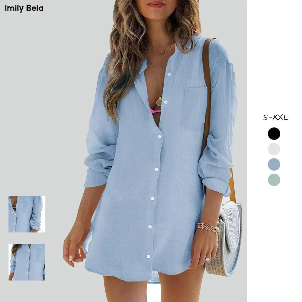 Imily Bela Women's Lady Long-Sleeve Breathable Cotton Gauze Fabric Tunic Blouse - Button-Down, Thin, Loose, Front Pocket, Regular Cuff, Beach Coverup, Dress Casual Layering Top, Office Ootd, Basic Outfit Ideas, Plain, Size M