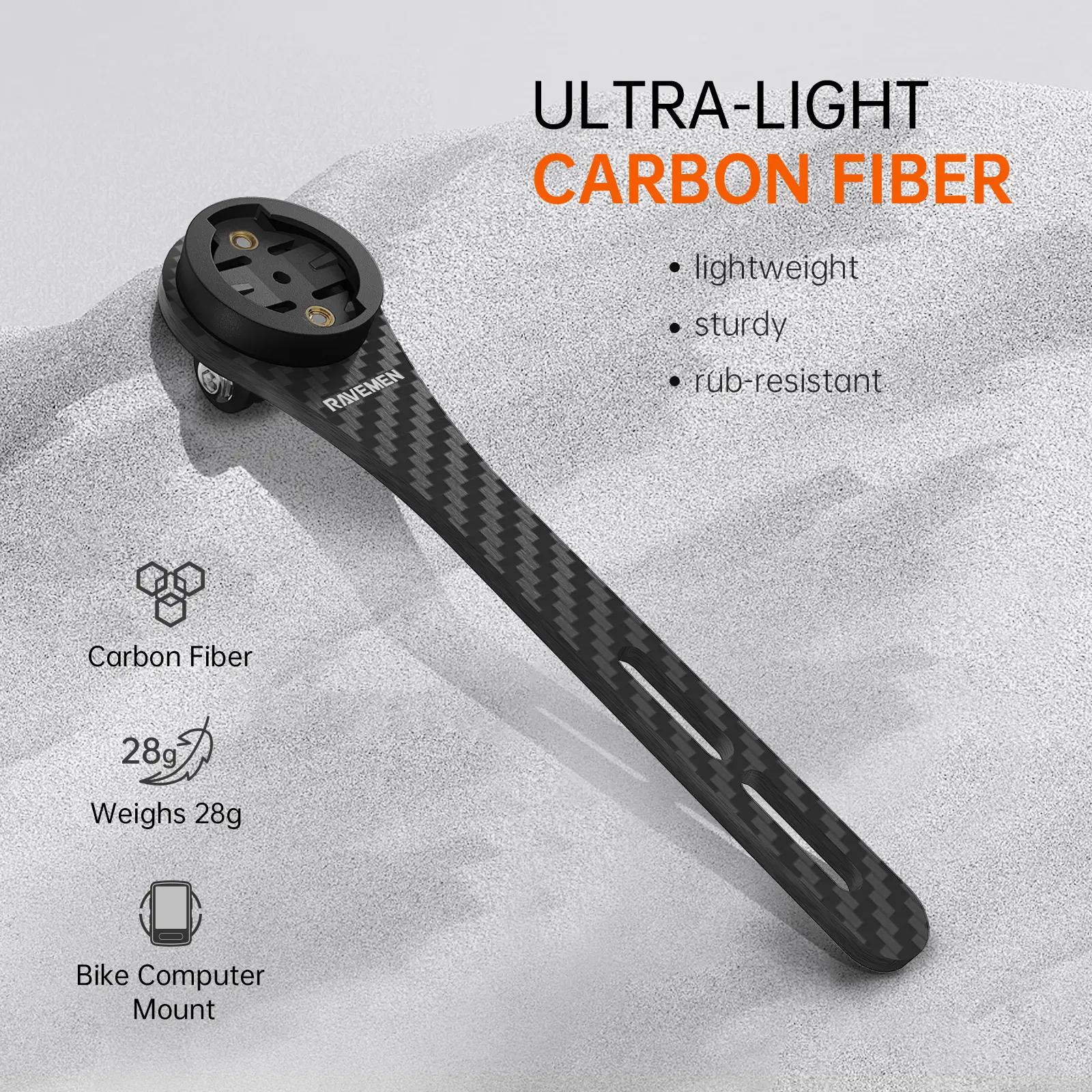 RAVEMEN AOM03 Out-Front Bike Computer Mount & Light Mount| Carbon Fiber | 28g | Fits Garmin | GoPro Adapter | For Integrated Aero Handlebars**