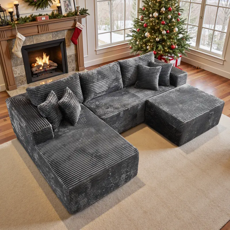CAODOC 108" Modular Sectional Sofa Cloud Couch with Ottoman Corduroy Memory Foam L-Shaped Couch for Living Room Modern Deep Seat Boneless Fluffy Plush Chaise Lounge Free Combination