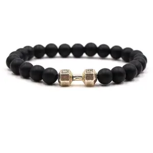 Dumbbell Bracelet - Beaded Bracelet with Dumbbell Charm Centerpiece for Fitness Enthusiasts Comfortable Elastic Design