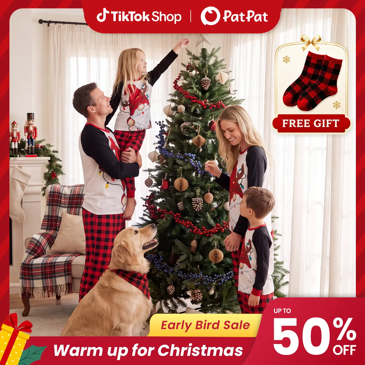 Early Bird | PatPat Mommy & Me Family Matching Christmas Pajamas with Socks Gift, Classic Crew Neck Santa & Reindeer Print Elastic Waist Set