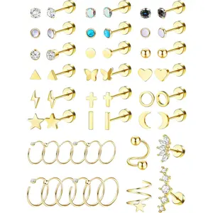 Sanfenly 26 Pairs 20G Hypoallergenic Surgical Steel Flat Back Stud Earrings - Earring Stacking Set with Star, Moon, Butterfly CZ, Spiral Designs for Female Daily Daith Piercing Fashionable Earrings